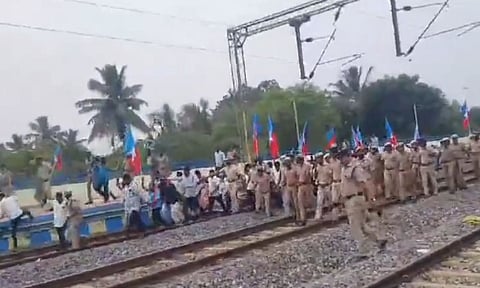 VCK workers held in Madurai for blocking train demanding Amit Shah's resignation