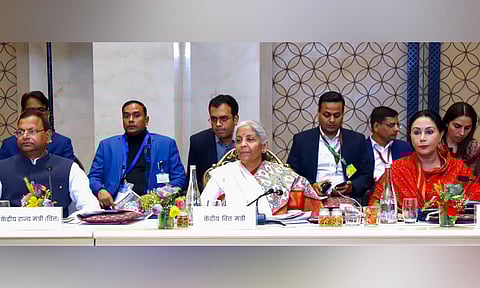 Union Finance Minister Nirmala Sitharaman chairs a meeting on Pre-Budget Consultation with states and union territories (with legislature) for the forthcoming Union Budget 2025-26, in Jaisalmer (PTI)&nbsp;