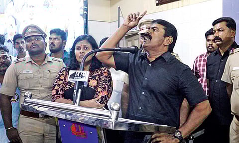 Seeman addressing during Tamilnadu Pollution Control Board public opinion meeting in Tiruvottiyur on Friday (Photo: Ashish.P)&nbsp;