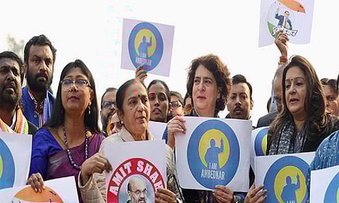 INDIA bloc MPs protest against Amit Shah in Parliament