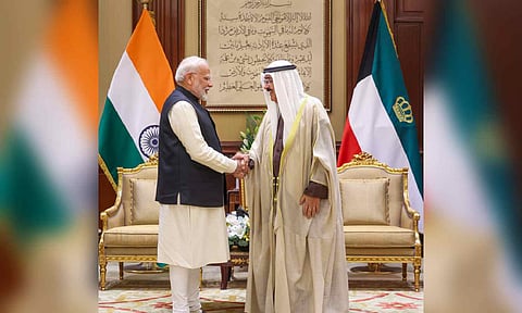 Prime Minister Narendra Modi with Amir of Kuwait Sheikh Meshal Al-Ahmad Al-Jaber Al Sabah during a meeting, in Kuwait on Sunday (PTI)