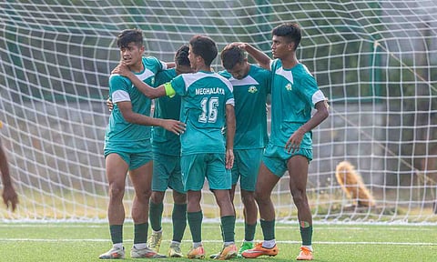 Meghalaya players celebrate after the goal against Goa