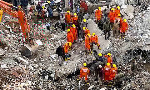 Rescue operation continues after a multi-storey building collapsed on Saturday evening, at Sohana village in Punjab's Mohali district, Sunday, Dec. 22, 2024 (PTI)&nbsp;
