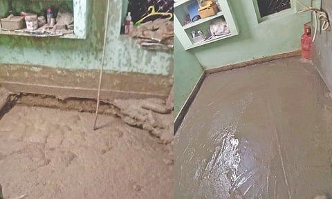 The floor which caved in due to tunnelling works; (right) the damage repaired by CMRL&nbsp;