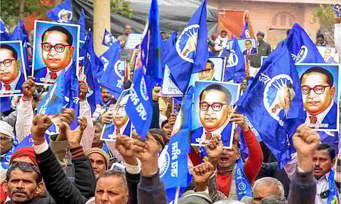 Protest against Union Home Minister Amit Shah over his remarks on B.R. Ambedkar (PTI)