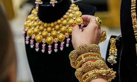 Gold ornaments on display at a jewellery showroom on the Dhanteras festival,&nbsp;in&nbsp;New&nbsp;Delhi (PTI)