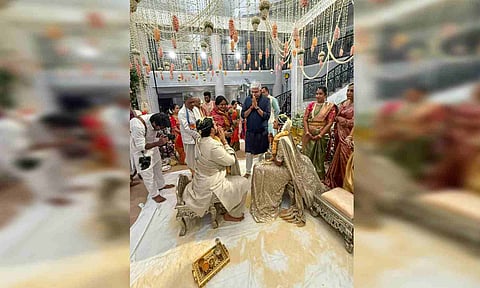 Union Minister for Culture and Tourism greets badminton player PV Sindhu and Venkata Datta Sai during their marriage ceremony, in Udaipur (PTI)