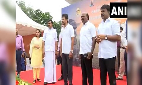 TN Deputy CM Udhayanidhi Stalin flags off buses displaying the posters of the Thiruvalluvar statue silver jubilee (ANI)