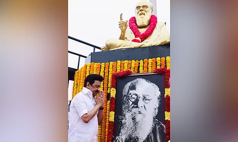 CM Stalin after garlanding Periyar statue (PTI)&nbsp;
