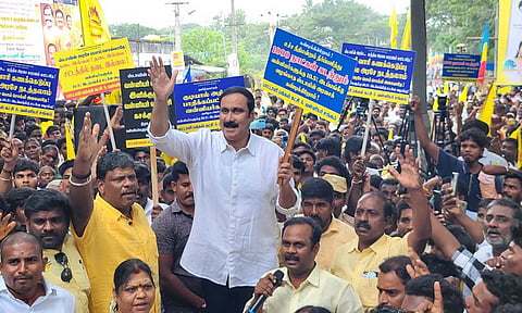 PMK president Anbumani leading the protest demanding Vanniyar sub-quota on Tuesday