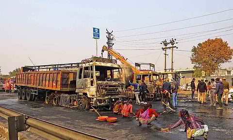 Rescue operation underway after an LPG tanker collided with multiple vehicles on the Jaipur-Ajmer Highway (PTI)