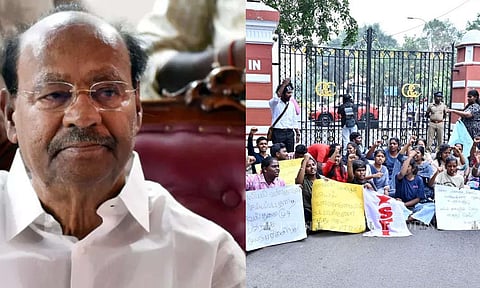 PMK founder S Ramadoss; SFI and AIDWA members protested outside Anna University over a student’s alleged assault (Photo: Manivasagan.N)&nbsp;