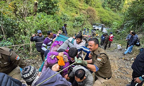 Rescue work underway after a bus fell into a gorge near Bhimtal, in Nainital district, Uttarakhand, Wednesday, Dec. 25, 2024. (PTI Photo)&nbsp;