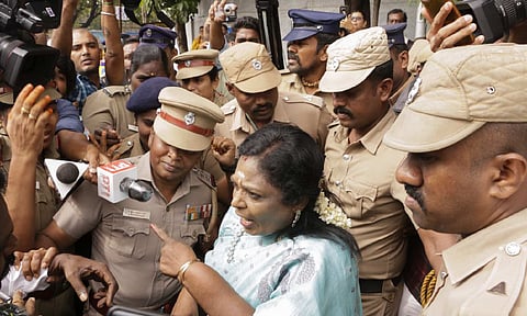 BJP leader Tamilisai Soundararajan and others being stopped by police personnel from staging a protest against the alleged sexual assault of a girl student of Anna University, in Chennai, Thursday, Dec. 26, 2024. (PTI Photo)