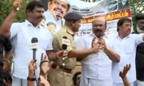 500 AIADMK cadres led by former minister D Jayakumar staged a protest in front of Anna University on Thursday&nbsp;