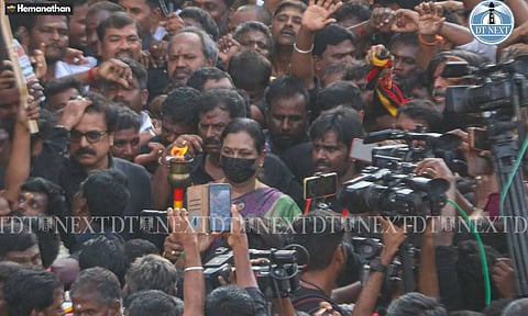Premalatha Vijayakanth during the rally of the one-year death anniversary of Vijayakanth (Hemanathan M)&nbsp;