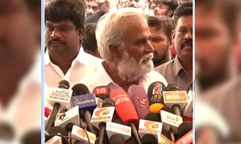 Minister PK Sekarbabu speaking to reporters at Vijayakanth's memorial in Koyambedu (Thanthi TV)&nbsp;