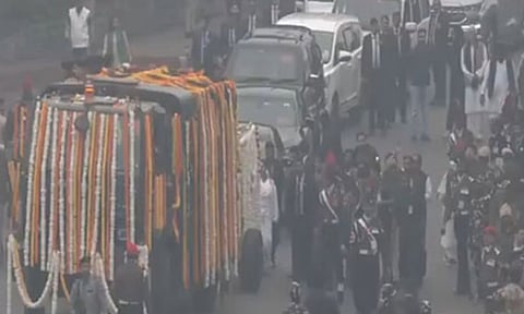 Funeral procession of Manmohan Singh reached Nigambodh Ghat earlier today (ANI)