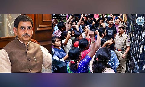 Tamil Nadu Governor RN Ravi; SFI and AIDWA members protested outside Anna University over a student’s alleged assault (Photo credit: Manivasagan N)&nbsp;