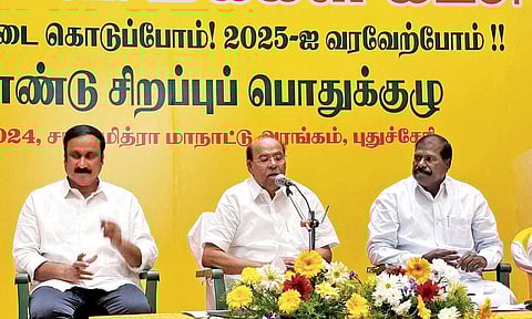 Anbumani and his father S Ramadoss at the meet&nbsp;