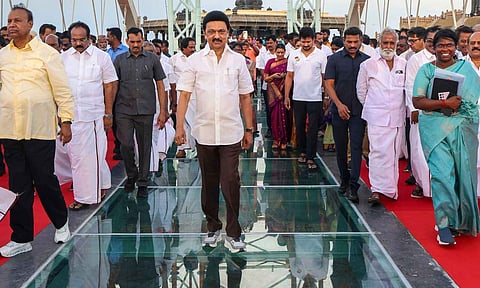 Tamil Nadu Chief Minister MK Stalin with others during the inauguration of a glass bridge, connecting Vivekananda memorial and Thiruvalluvar statue, in Kanniyakumari (PTI)