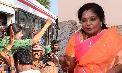 (L-R) Sowmiya Anbumani during the arrest; BJP leader Tamilisai Soundararajan