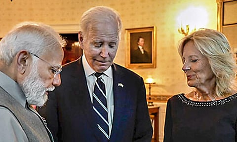PM Narendra Modi gifts a 7.5-carat lab-grown diamond placed in a papier mache box from Kashmir, known as 'kar-e-kalamdani' to US First Lady Jill Biden (PTI)