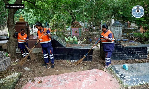 Chennai Corporation workers are engaged in mass cleaning work at 203 graveyards across Chennai Corporation zones (Hemanathan M)
