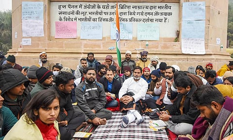 Jan Suraaj chief Prashant Kishor with others during his indefinite hunger strike demanding the cancellation of the 70th Combined Competitive Examination (CCE) 2024, conducted by the Bihar Public Service Commission (BPSC), over allegations of question paper leak (PTI)