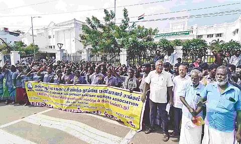 Clenaliness workers stage protest in Thanjavur on Monday