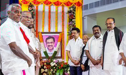 Tamil Nadu Chief Minister M.K. Stalin with other leaders of the INDIA bloc during a memorial service for former prime minister Manmohan Singh and senior Congress leader E.V.K.S. Elangovan, in Chennai (PTI)