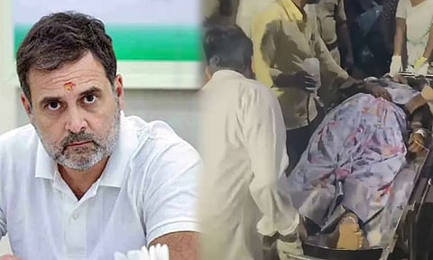 LS: Leader of Opposition in Lok Sabha Rahul Gandhi; RS: A person injured in a stampede which broke out as hundreds of devotees jostled for tickets for Vaikunta Dwara Darshanam at Lord Venkateswara Swamy temple on Tirumala Hills, in Tirupati, Andhra Pradesh, Wednesday, Jan. 8, 2025. At least six devotees, including three women, died and several more were injured in the incident, according to officials. (Credit: PTI)