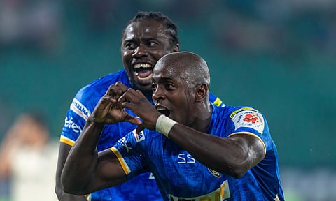 CFC's Wimar Jordan celebrating with team mate Daniel Chima Chukwu after scoring against OFC at Jawaharlal Nehru Stadium, Chennai on Thursday