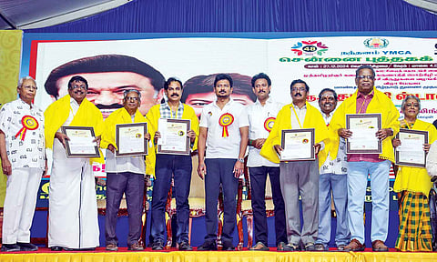 Deputy CM Udhayanidhi Stalin and minister Anbil Mahesh felicitating awardees at Chennai book fair in Nandanam