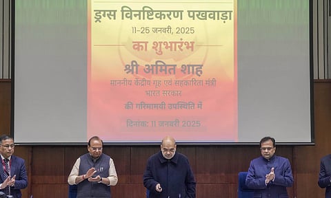 Union Home Minister Amit Shah being felicitiated during a regional conference on �Drug Trafficking and National Security in New Delhi (PTI)