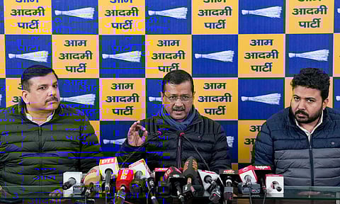 Aam Aadmi Party (AAP) Chief Arvind Kejriwal addresses a press conference, in New Delhi, Saturday, Jan. 11, 2025. AAP leaders Sanjay Singh and Durgesh Pathak are also seen (PTI)&nbsp;