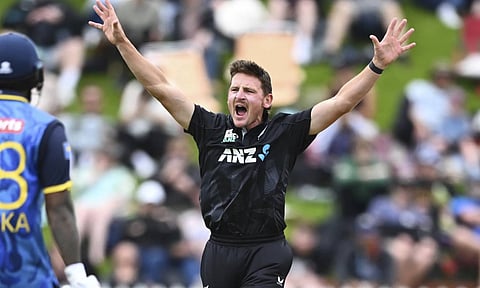New Zealand's Nathan Smith appeals for the wicket of Sri Lanka's Charith Asalanka (AP)