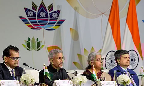 External Affairs Minister S Jaishankar, Finance Minister Nirmala Sitharaman, G20 Sherpa Amitabh Kant and Department of Economic Affairs Secretary Ajay Seth during a press conference at the G20 Summit (PTI)