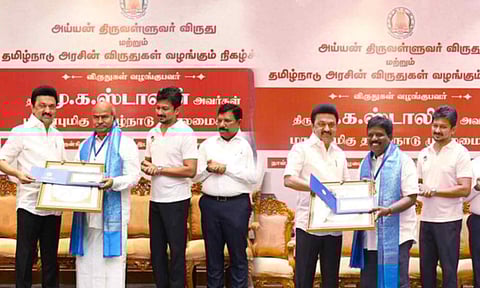 KV Thangkabalu receives Perunthalaivar Kamarajar award; VCK MP D Ravikumar receives Annal Ambedkar award
