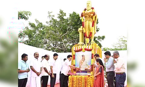 &nbsp;CM Stalin, Deputy CM Udhayanidhi, and other ministers paid floral tributes to the portrait of Thiruvalluvar at Kamarajar Salai