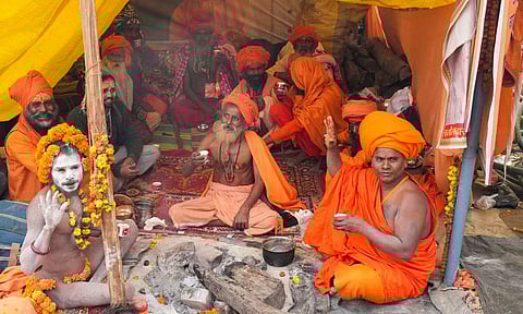Devotees chant religious slogans during the ongoing Mahakumbh Mela 2025 (PTI)