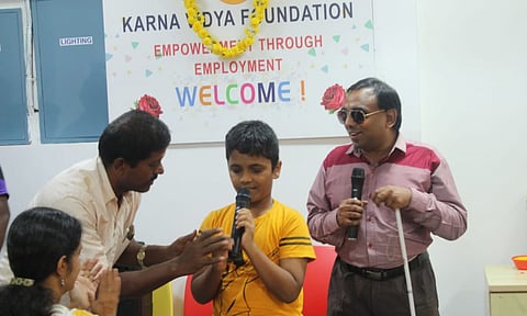 The trainees and persons with visual impairment of all ages being trained at the Karna Vidya Foundation Guindy