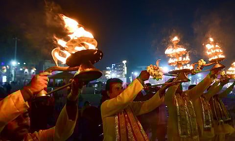 Priests perform Ganga Aarti during the ongoing Maha Kumbh Mela festival, in Prayagraj (PTI)
