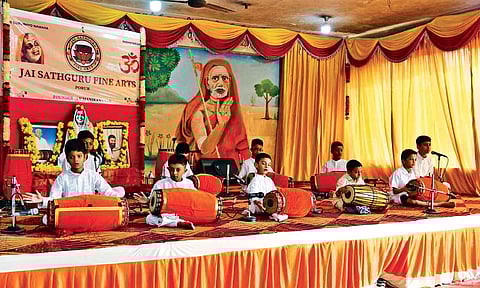 Students of AV Manikantan, founder of Jai Sathguru Fine Arts, presenting a mridangam concert during the recently-held ‘Madhanathapurathil Myilai Nadha Laya Mahotsavam, a music festival, at the Durga Lakshmi Saraswati Temple, Porur