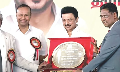 Chief Minister MK Stalin being honoured at the DMK’s legal wing conference in Chennai on Saturday