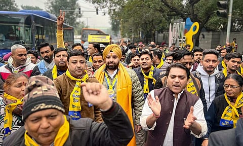 AAP candidate from Chandni Chowk constituency Punardeep Singh with supporters during a rally before filing his nomination for the upcoming Delhi Assembly elections (PTI)