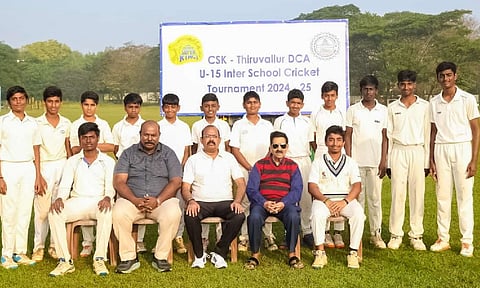 Winners of CSK- Thiruvallur DCA U-15 Inter School Tournament 2024-25 (SBOA-Anna Nagar) with Chief Guest Shri.B S Reddy