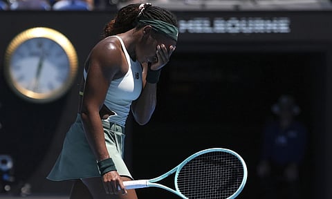 Coco Gauff of the U.S. reacts during her quarterfinal match against Paula Badosa of Spain during their quarterfinal match at the Australian Open tennis championship (AP)