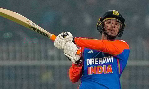 Abhishek Sharma plays a shot during the first T20I cricket match of a series between India and England