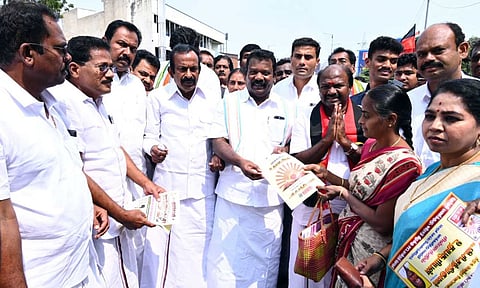 NCC president K Selvaperunthagai campaigns for DMK candidate VC Chandhirakumar in Erode (East) assembly constituency